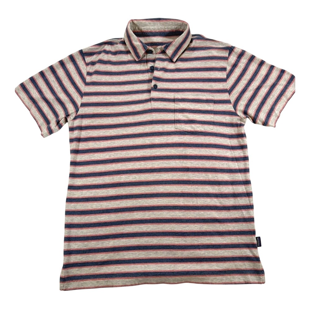 Patagonia Polo Shirt S Grey Blue Pink Striped Organic Cotton Short Sleeve 52185
